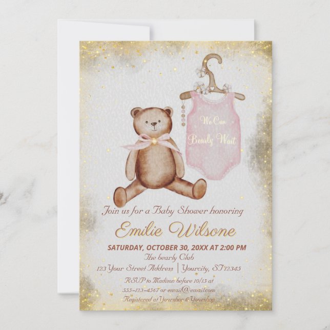 Vintage Nalle Rosa Baby-dusch Inbjudningar (Framsida)