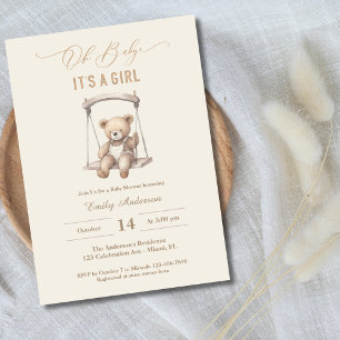 Vintage Nalle Script Girl Baby Shower Inbjudningar