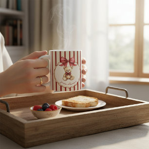 Vintage Nallebjörn Röd Rosett Vattenfärg Namn Kaffemugg