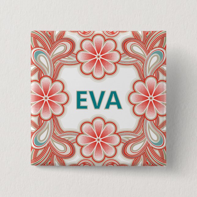 Vintage name button with red flowers knapp (Framsida)