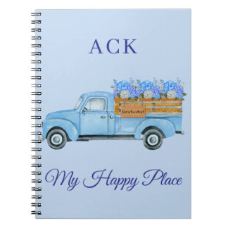 Vintage Nantucket Akvarell Blomstergods Blå Lastbi Anteckningsbok