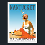 Vintage Nantucket på stranden Poster<br><div class="desc">En retro poster som aldrig varit tidigare. Ett kreativ om en gammal poster som borde ha gjorts. Nantucket Beach in retro stil från kontrovern deco. Ljusa färger med en kvinna på stranden under blå himmel.</div>