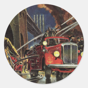 Vintage näringsliv, brandmän brandfordon runt klistermärke