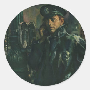 Vintage näringsliv, polis på nödtelefon runt klistermärke