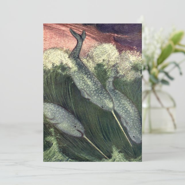 Vintage Narwhals, Marine Life Whales Ocean Animals Inbjudningar (Stående Fram)