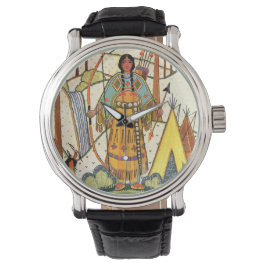 Vintage Native American Woman Village Forest Armbandsur