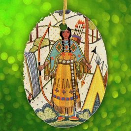 Vintage Native American Woman Village Forest Julgransprydnad Keramik