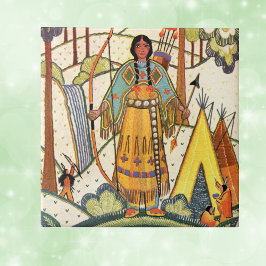 Vintage Native American Woman Village Forest Kakelplatta