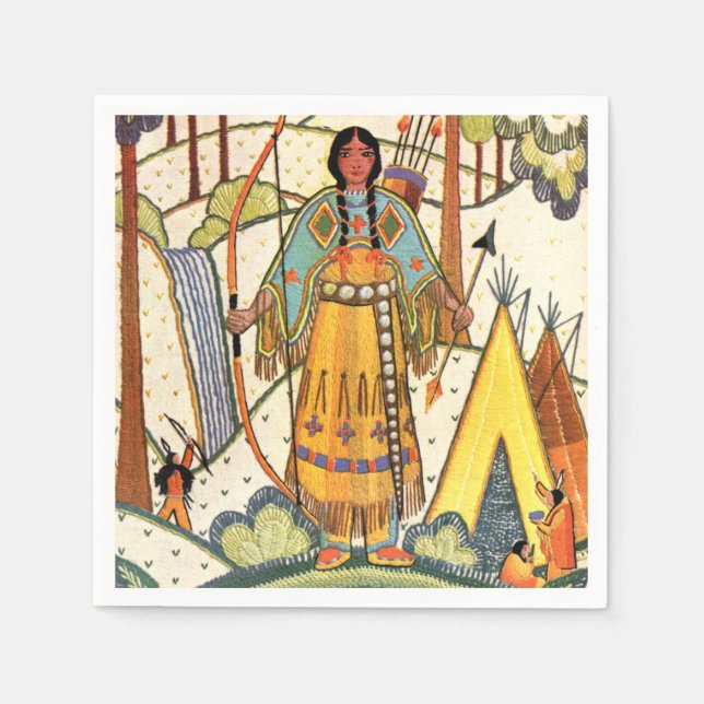 Vintage Native American Woman Village Forest Pappersservett (Framsidan)