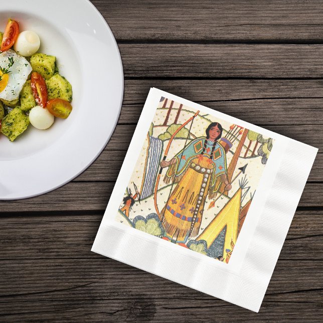 Vintage Native American Woman Village Forest Pappersservett (Native american women in forest bow arrow traditional clothing embroidered look on lunch napkin.)