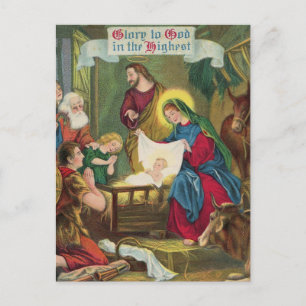 Vintage Nativitetscen i Bethlehem-jul Vykort