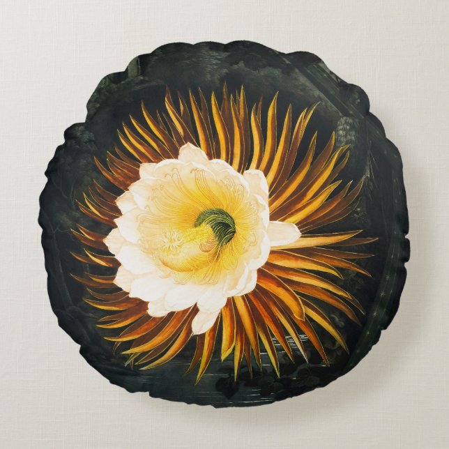 Vintage Nattblommande Cereus Gotisk Konst Rund Kudde (Framsidan)