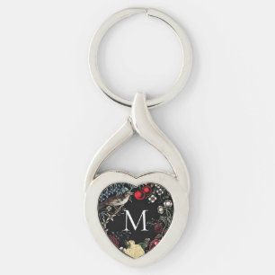Vintage Natur Fåglar och Bär Monogram Twisted Heart Silverfärgad Nyckelring