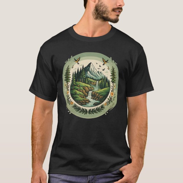 Vintage natur landskapsbild bergsscen t shirt (Framsida)