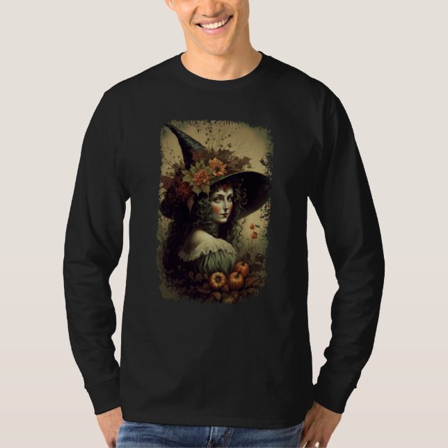 Vintage Nature Witch October Halloween Illustratio T Shirt (Framsida)