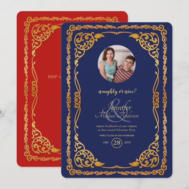 Vintage Naughty eller Nice PHOTO-jul Party Inbjudningar (Fram/baksida)