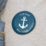 Vintage Nautical Anchor kapten Boat Namn Blue Knapp<br><div class="desc">Blå Vintagen Nautisk ankor och din Personlig Boat Namn och Anpassadets kapten Rank Button.</div>