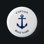 Vintage Nautical Anchor kapten Boat Namn Knapp<br><div class="desc">Den blå Vintagen Nautical Anchor och Personlig Boat Namn och Anpassade kapten Rank Button.</div>