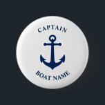 Vintage Nautical Anchor kapten Boat Namn Knapp<br><div class="desc">Den blå Vintagen Nautical Anchor och Personlig Boat Namn och Anpassade kapten Rank Button.</div>