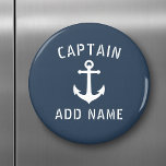 Vintage Nautical Anchor Kapten eller Boat Namn Blu Magnet<br><div class="desc">Snyggt runt kylmagnet med kaptenen eller annan titel/rang,  personlig namn,  båt namn eller annan text och en anpassningsbar vintage-frakt-ankare i vitt på havets grått-blått eller välj färg i bakgrunden för att matcha dekorn. Gör en underbar unik gåva.</div>