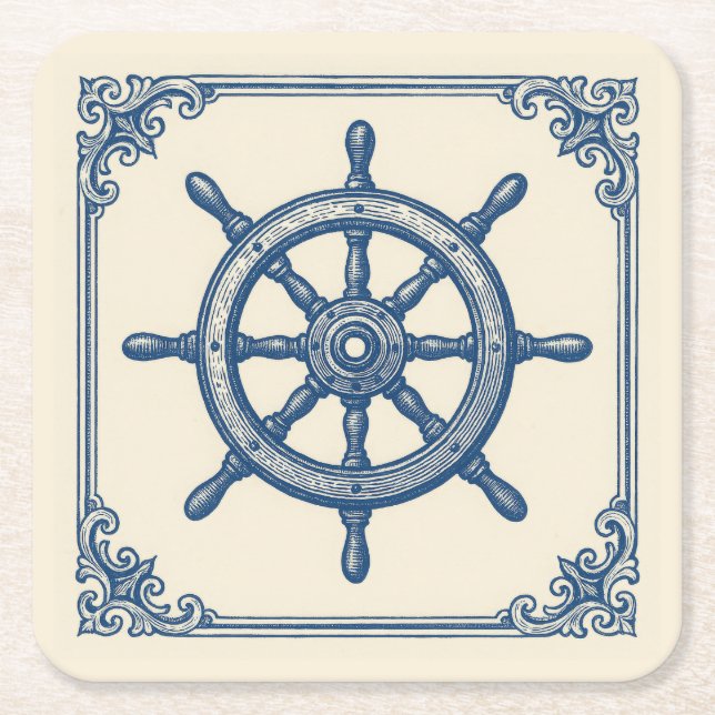 Vintage Nautical Blue Captains Wheel Underlägg Papper Kvadrat (Framsidan)