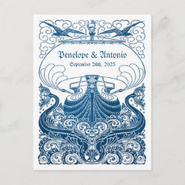 Vintage Nautical Blue Foil Bröllop spara datum Meddelande Vykort