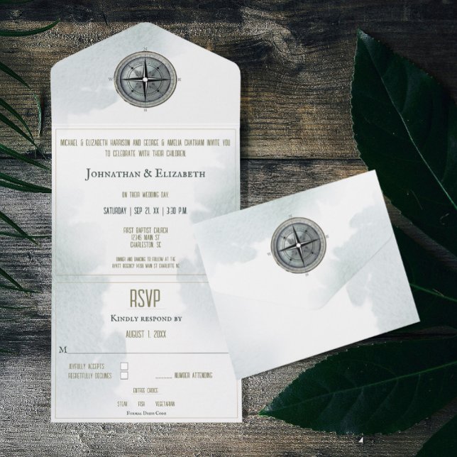 Vintage Nautical Compass Bröllop (Vintage Nautical Compass All in One Wedding Invitation)