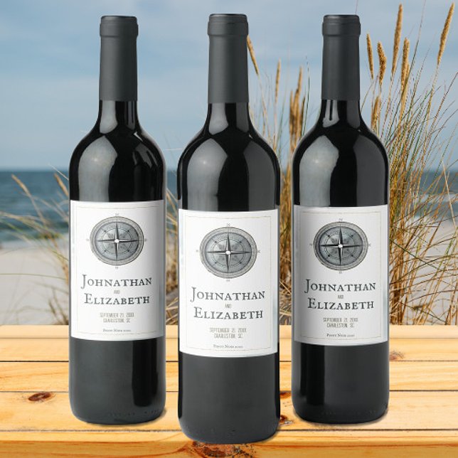 Vintage Nautical Compass Bröllop Vinflaska Etikett (Vintage Nautical Compass Wedding Wine Labels)