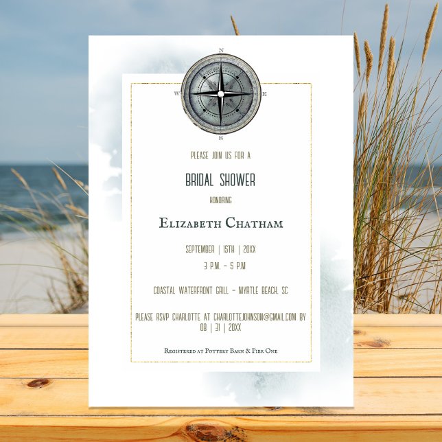 Vintage Nautical Compass Möhippa Inbjudningar (Vintage Nautical Compass Bridal Shower Invitation)