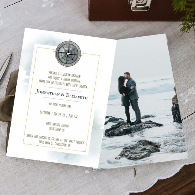 Vintage Nautical Compass Photo Bröllop Inbjudningar (Vintage Nautical Compass Photo Wedding Invitation)