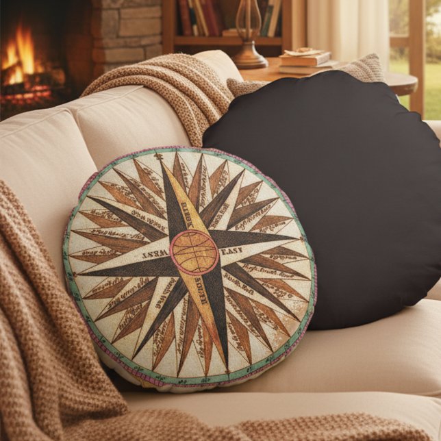 Vintage Nautical Compass Ro Cotton Pillow Rund Kudde (Vintage nautical art accent pillow.)