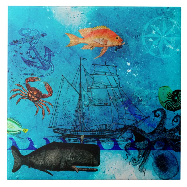 Vintage Nautical Deep Blue Sea Kakelplatta (Framsidan)