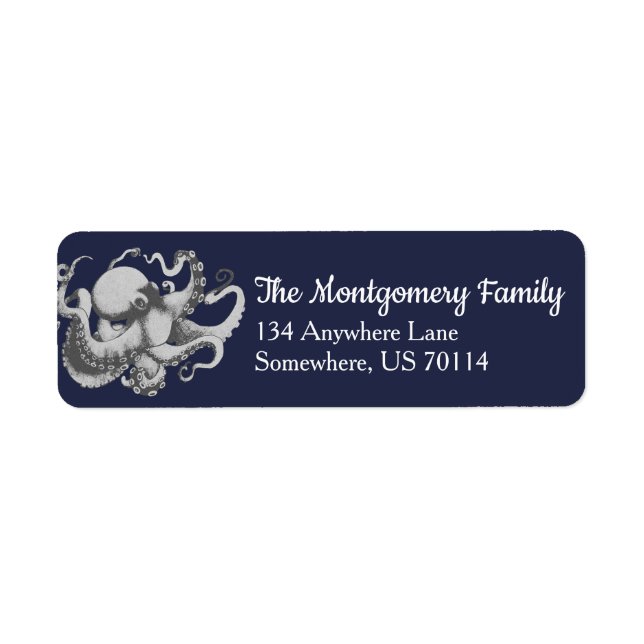 Vintage Nautical Grått Octopus Returadress Etikett (Framsidan)