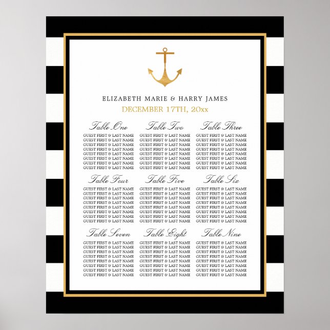 Vintage Nautical Guld Anchor Bröllop Sittdiagram Poster (Framsidan)