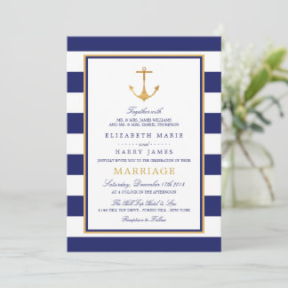 Vintage Nautical Guld Anchor, Navy & Guld Bröllop Inbjudningar