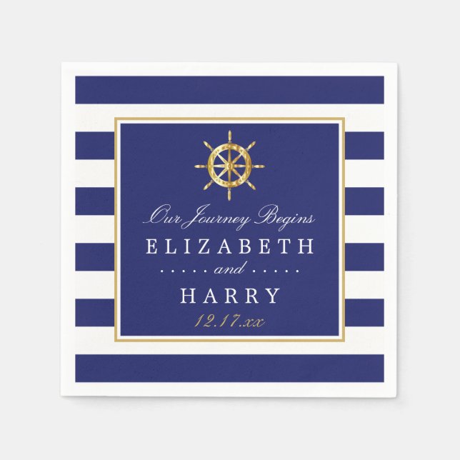 Vintage Nautical Guld Wheel, Navy & Guld Bröllop Pappersservett (Framsidan)