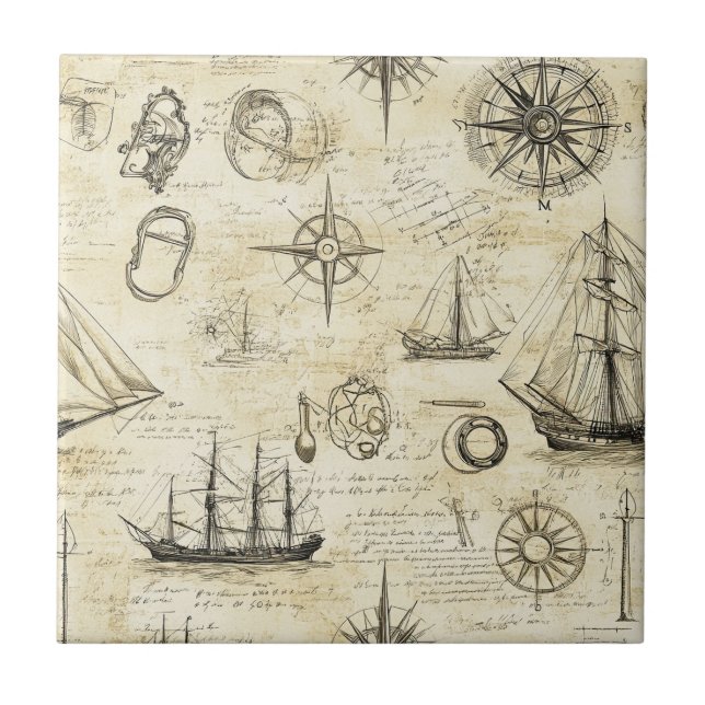 Vintage Nautical Map Pattern with Ships & Compass Kakelplatta (Framsidan)