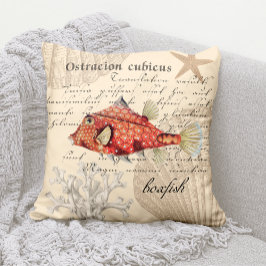 Vintage Nautical Orange Boxfish Illustration Kudde