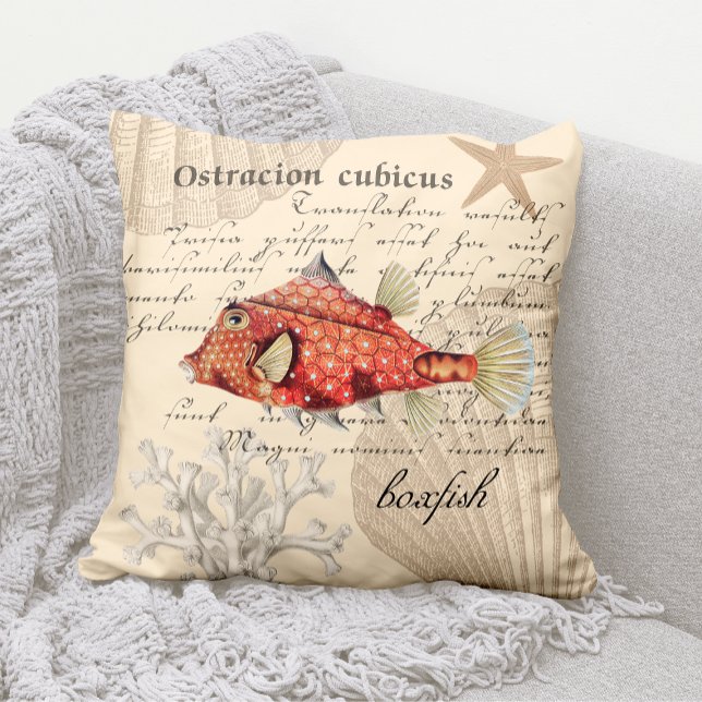 Vintage Nautical Orange Boxfish Illustration Kudde (Vintage Orange Boxfish Illustration Throw Pillow)
