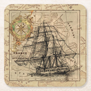 Vintage Nautical Sailing Frakt Navigation Karta Underlägg Papper Kvadrat