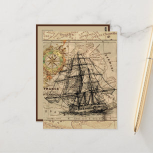 Vintage Nautical Sailing Frakt Navigation Karta Vykort
