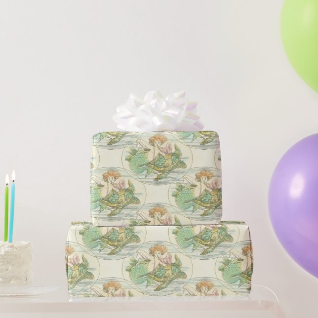 Vintage Nautical Sjöjungfru med Sea Turtle Mönster Presentpapper (Festgåvor)