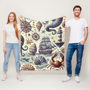 Vintage Nautical Sjöliv Illustration Fleecefilt