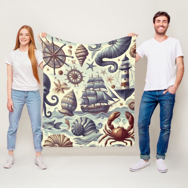 Vintage Nautical Sjöliv Illustration Fleecefilt (På plats)