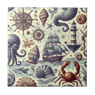 Vintage Nautical Sjöliv Illustration Kakelplatta