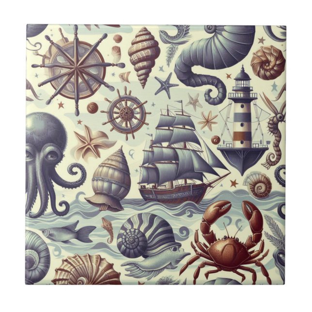 Vintage Nautical Sjöliv Illustration Kakelplatta (Framsidan)
