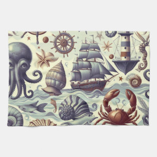 Vintage Nautical Sjöliv Illustration Kökshandduk