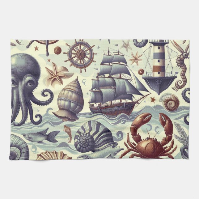 Vintage Nautical Sjöliv Illustration Kökshandduk (Horisontell)