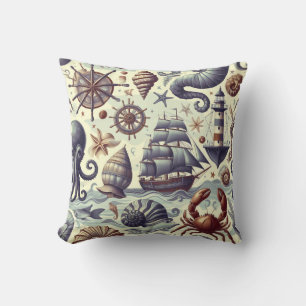 Vintage Nautical Sjöliv Illustration Kudde