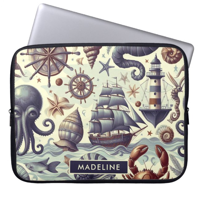 Vintage Nautical Sjöliv Illustration Laptop Fodral (Framsidan)